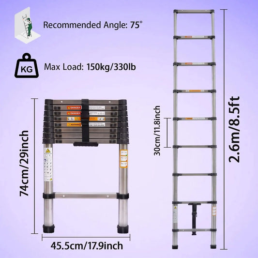 8.5FT Telescopic Ladder Multi-Purpose Loft Attic Ladder Latest Stainless Steel Telescoping Extension Ladder Sturdy and Solid Adjustable Height EN131 Safe Standard for Decorating Painting Home DIY