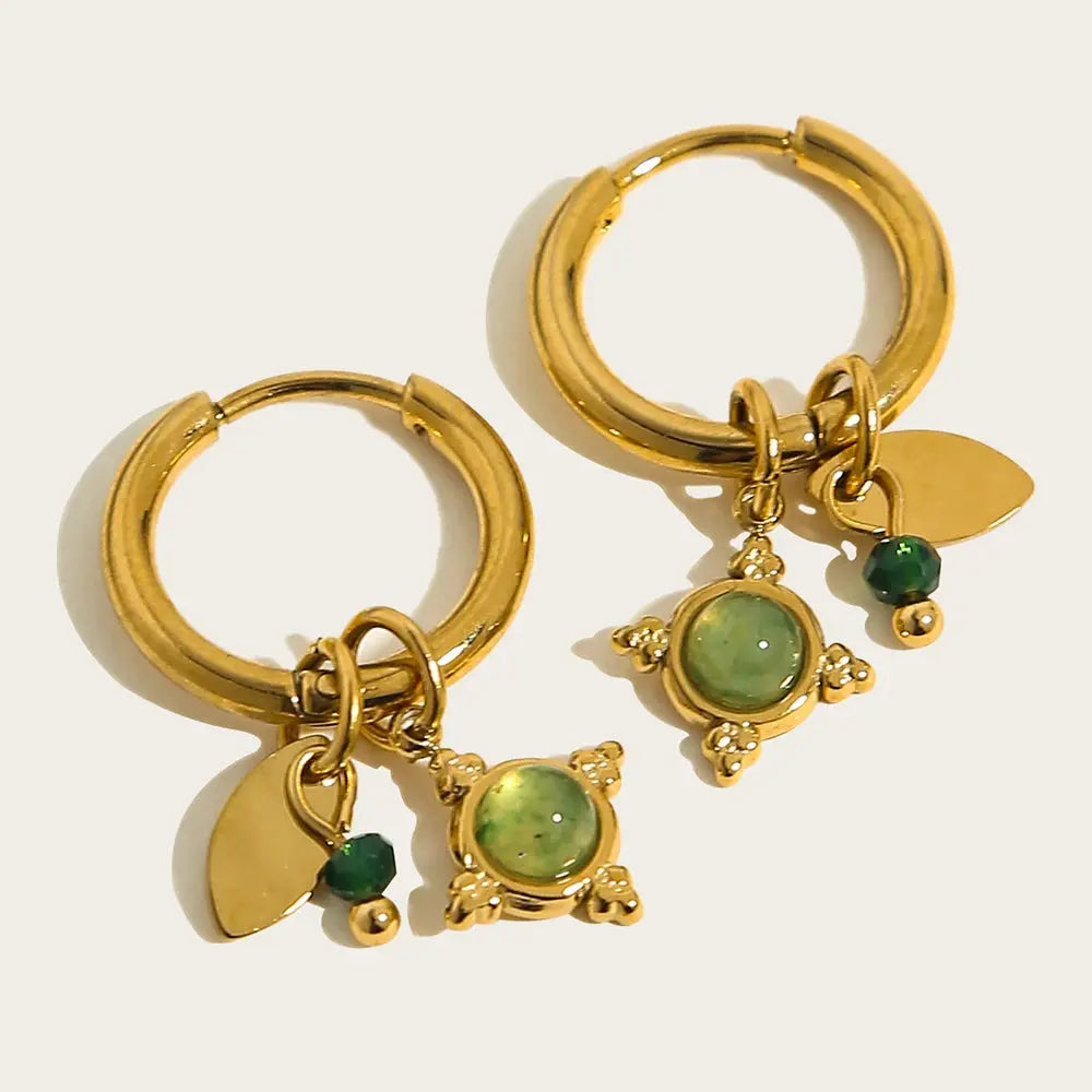 18K Gold Plated Hoop Earrings with Green Natural Stone – Waterproof Vintage Jewelry HypeNvibes