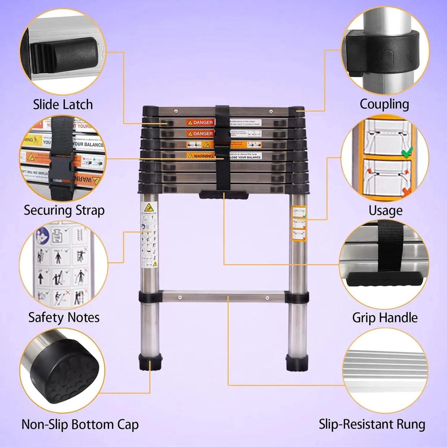 8.5FT Telescopic Ladder Multi-Purpose Loft Attic Ladder Latest Stainless Steel Telescoping Extension Ladder Sturdy and Solid Adjustable Height EN131 Safe Standard for Decorating Painting Home DIY