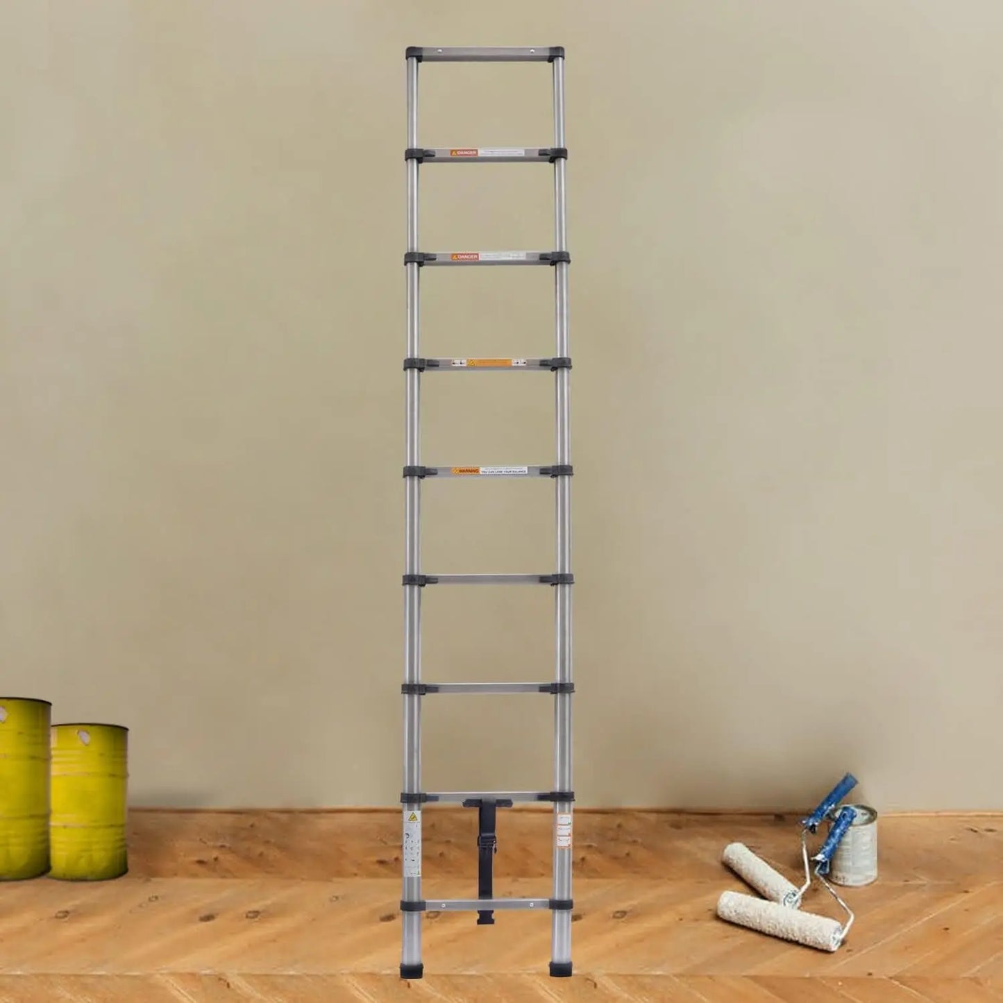 8.5FT Telescopic Ladder Multi-Purpose Loft Attic Ladder Latest Stainless Steel Telescoping Extension Ladder Sturdy and Solid Adjustable Height EN131 Safe Standard for Decorating Painting Home DIY