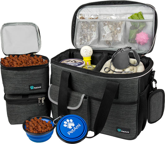 Dog Travel Bag Organizer – Pet Weekend Bag with Food Containers & Bowls (Charcoal, Medium)
