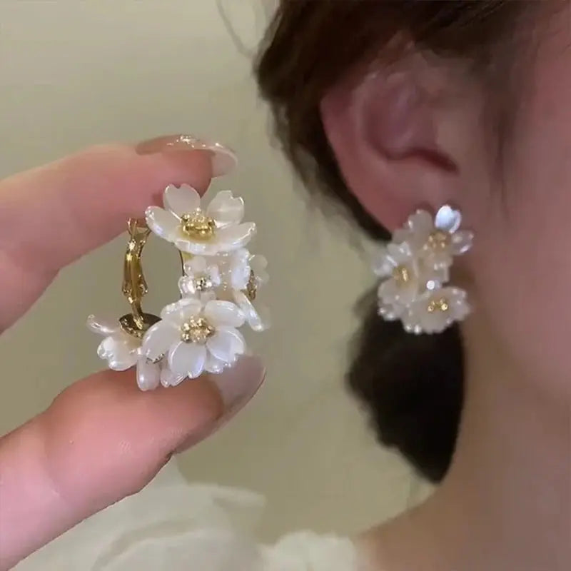 White Shell Flower Pearl Hoop Earrings – Korean Elegant Zircon Jewelry for Women HypeNvibes