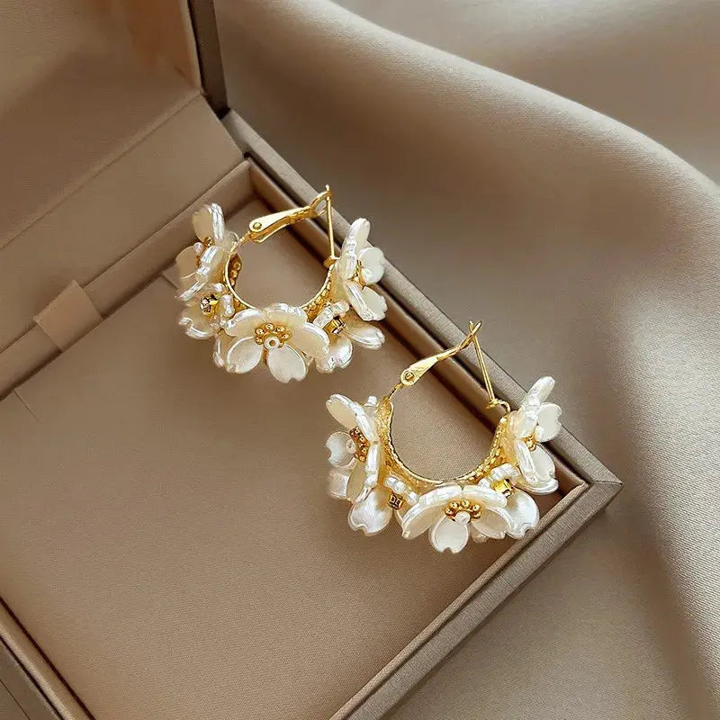 White Shell Flower Pearl Hoop Earrings – Korean Elegant Zircon Jewelry for Women HypeNvibes