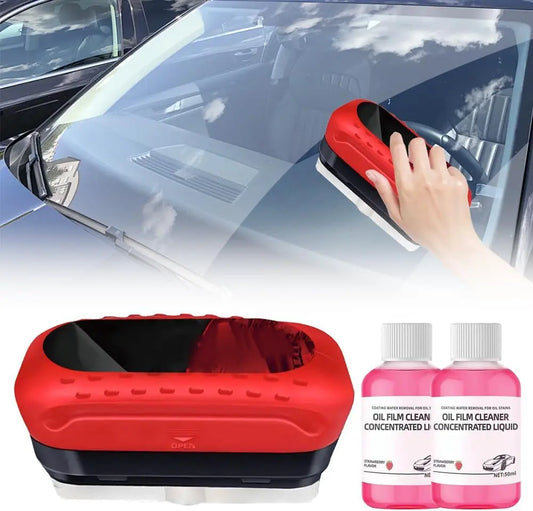 Oil Film Glass Cleaning Brush 2.0 – Windshield Cleaner with 2 Extra Solutions, Anti-Fog & Rain Wipe (Red)