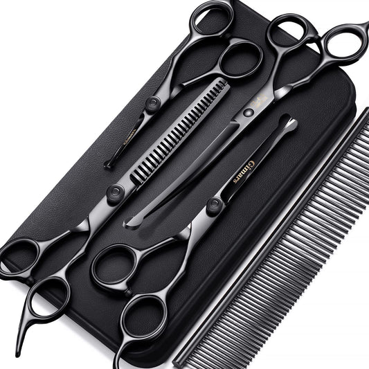 7” Dog Grooming Scissors with Safety Tip – 6-in-1 Heavy Duty Titanium Pet Shears
